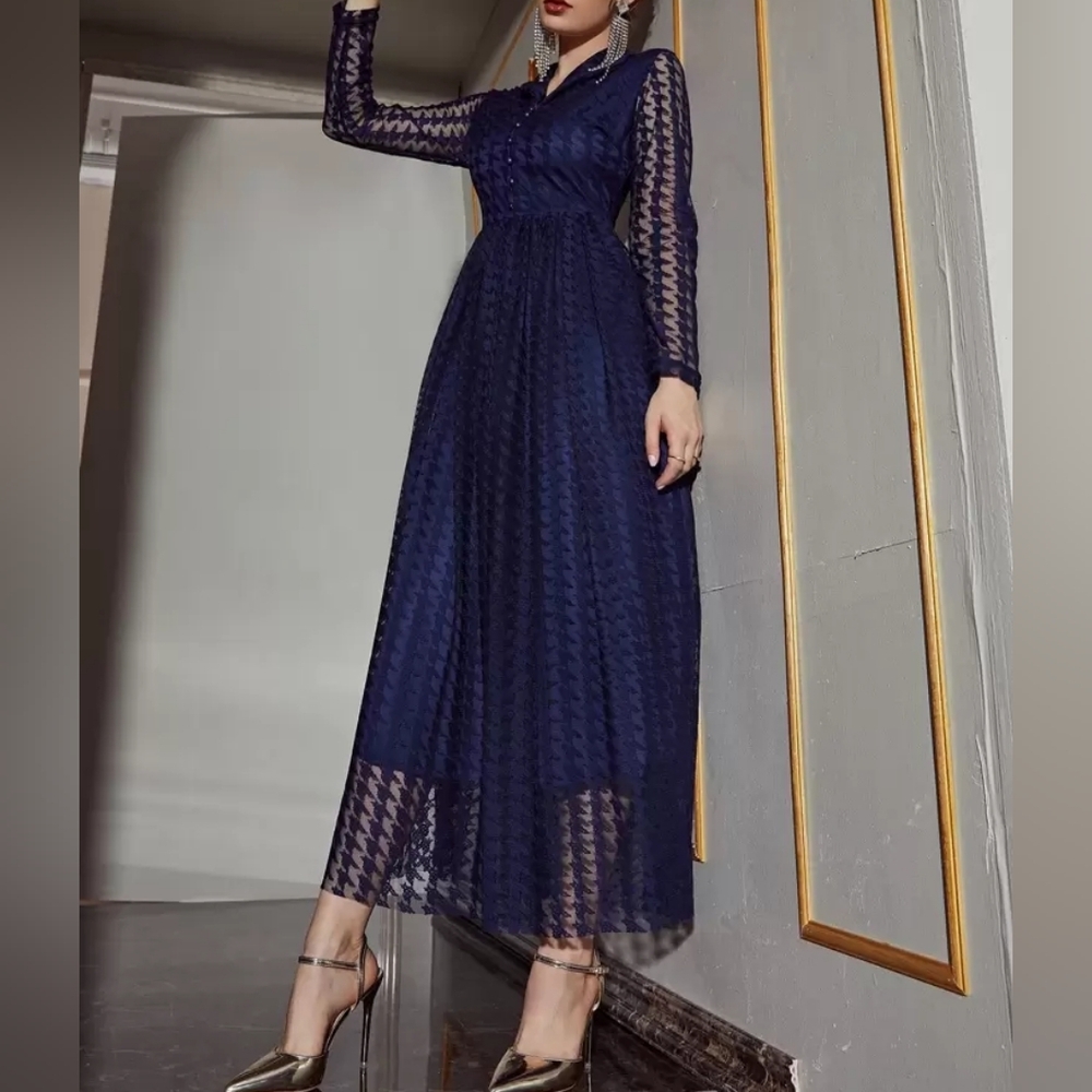 Shein Houndstooth Long Sleeve Maxi Dress